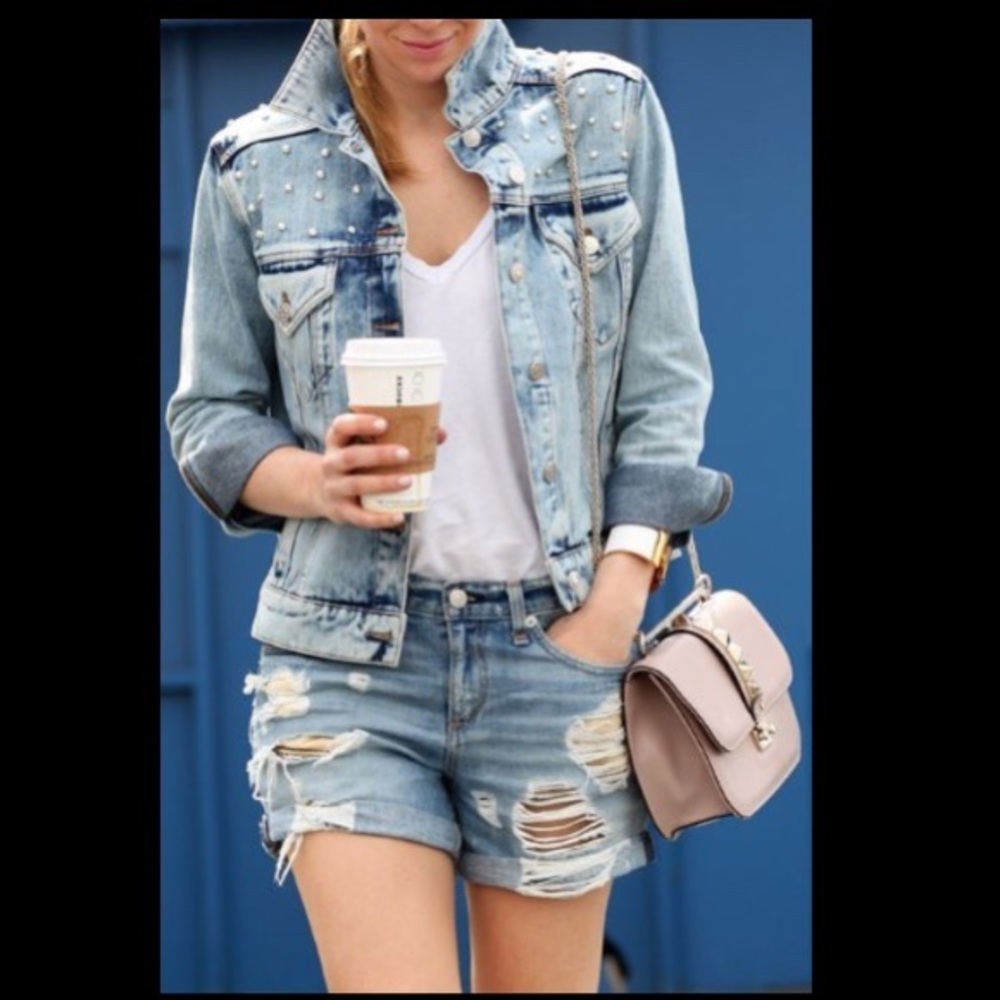 Studded Light Blue Denim Jacket with Pearl Accents